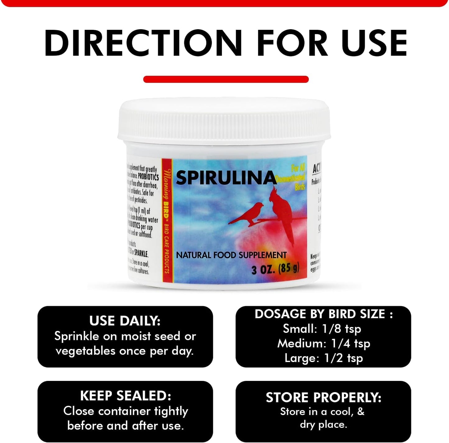 Morning Bird Spirulina, Supplement for Caged Birds, Organic Bird Food Supplement with Vitamins, Proteins, and Amino Acids for Parakeets, Cockatiels, Budgies, Finches, Canaries, and Parrots, 3 oz