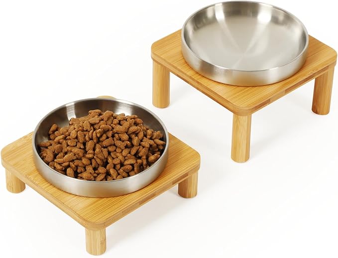 Elevated Cat Bowls for Indoor Cats – Raised Bamboo Cat Bowl Stand with 5.5 Inch Wide Stainless Steel Dishes, Pet Food Table Plate for Easy Feeding, Whisker Friendly(Silver,Set of 2)