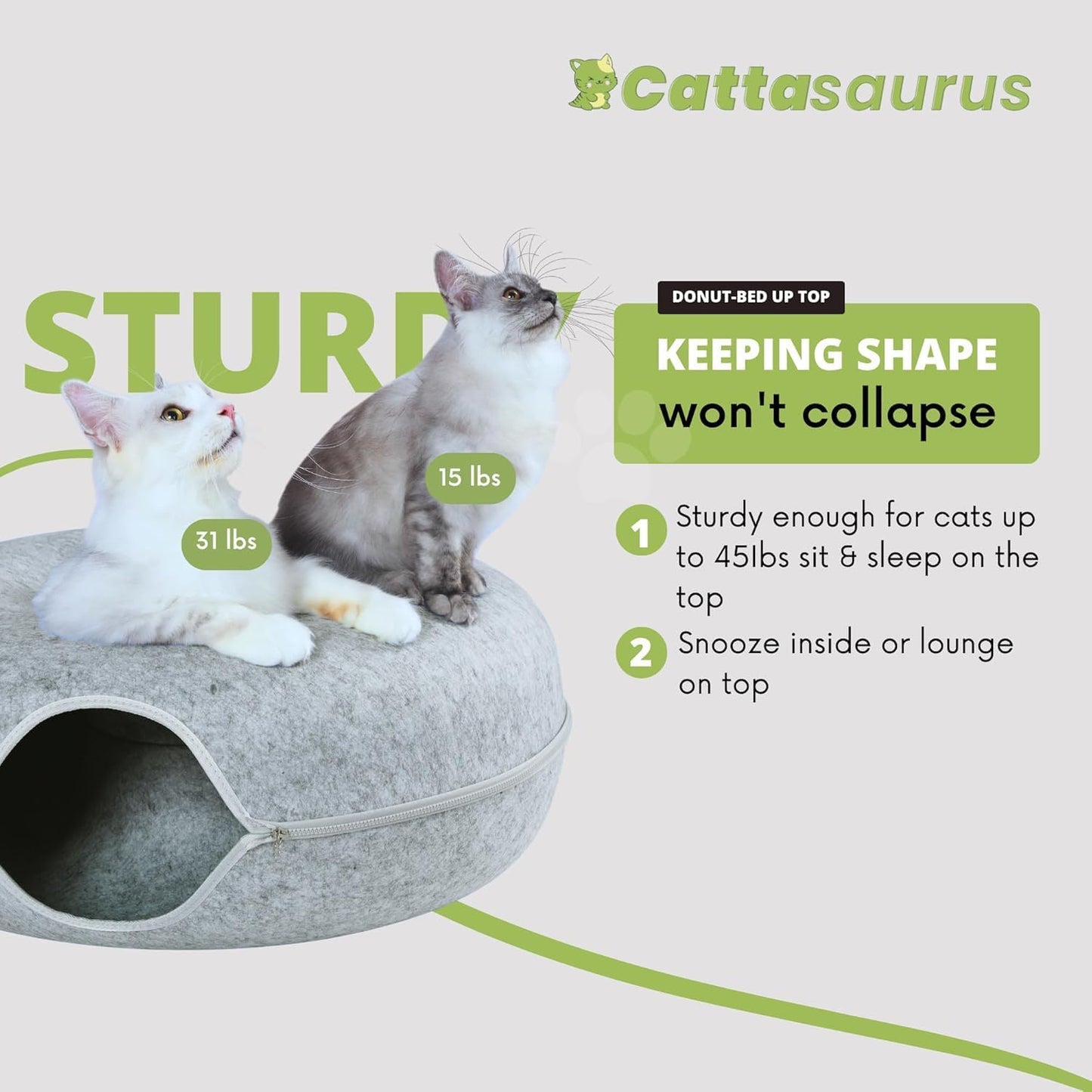 Cattasaurus Peekaboo Cat Cave, Extra Spacious for Multiple & Large Cats 12+ lbs, Scratch Detachable Beds for Indoor Cats, Washable Tunnel Bed, Comfy Cat Donut Tunnel (Light Gray+Light Gray, Jumbo)