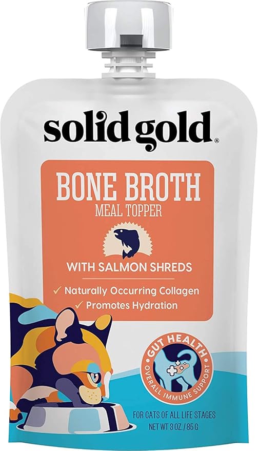 Solid Gold Bone Broth Cat Food Topper - Lickable Wet Protein Shreds for Hydration - Easy to Serve Gravy - Healthy Snacks Treats - Chicken - Single