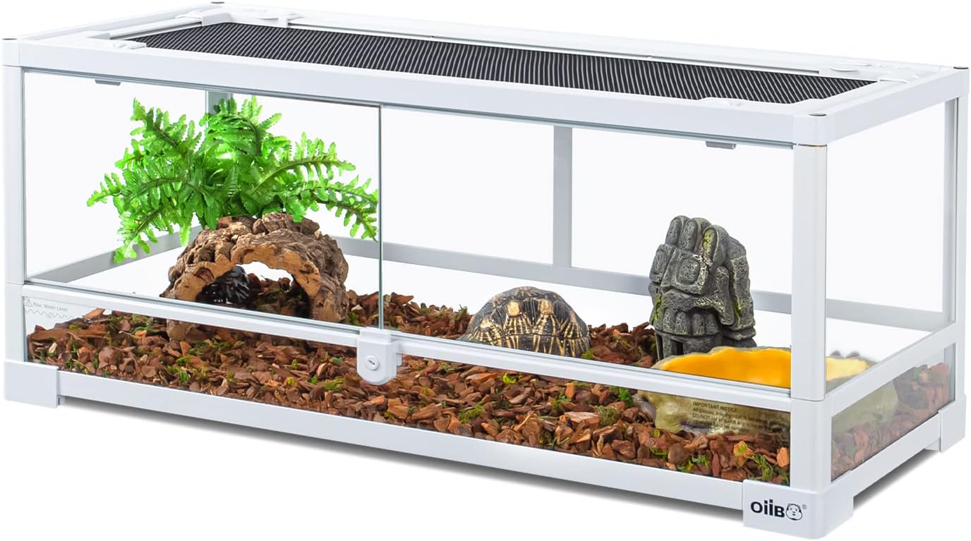 OIIBO Full Glass Long Tank Reptile Terrarium 20 Gallon, Front Opening Terrarium 30" x 12"x 12" for Reptile Pets Gecko Lizard Snake, Double Front Opening Doors & Ventilation Top Screen (Knock-Down)