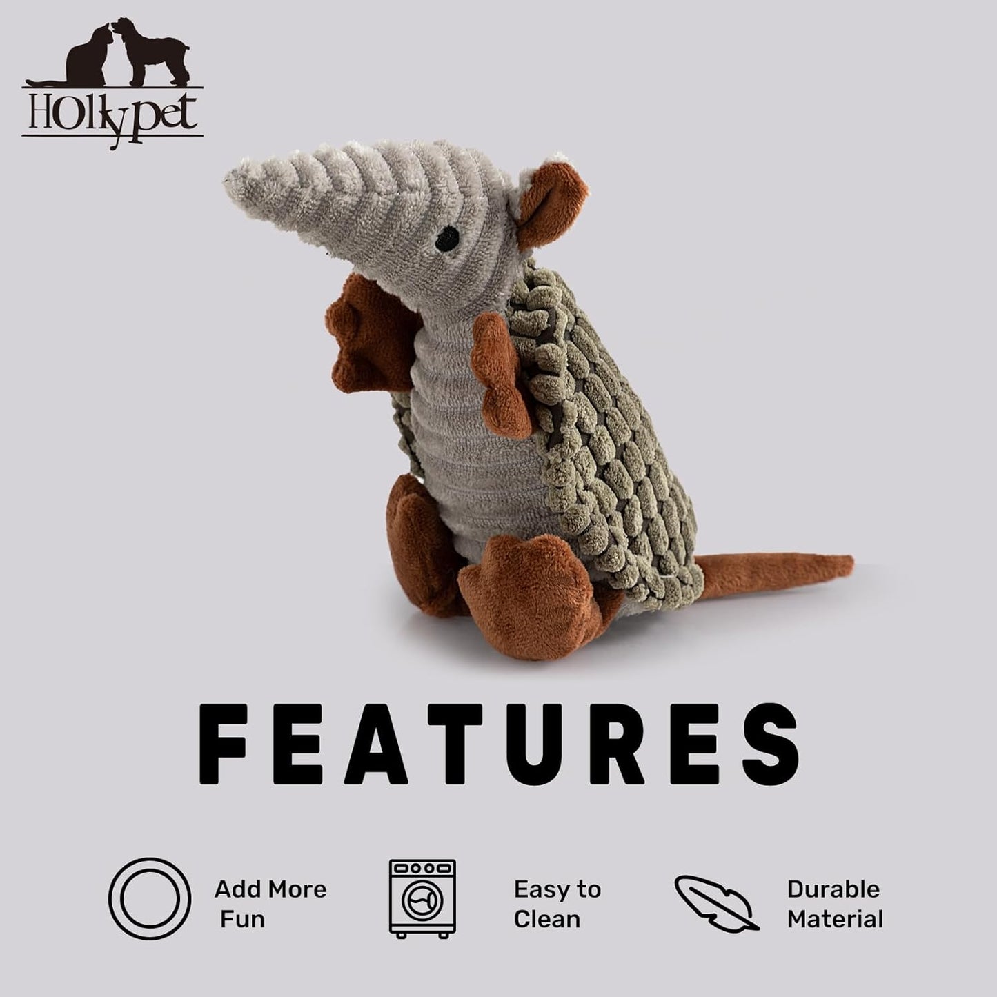 Hollypet Plush Dog Squeaky Toy Stuffed Armadillo Animal Pet Puppy Chew Toys with Clean Teeth for Small Medium Large All Breed Sizes Dogs, Olive Drab, 8 in