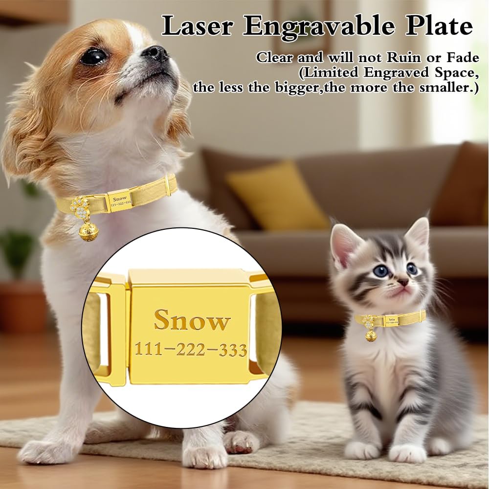 Personalized Breakaway Cat Collars - Magnetic Buckle, Bell - Safety Quick Release, Customized for Girls & Boys Cats- (Velvet-Yellow)