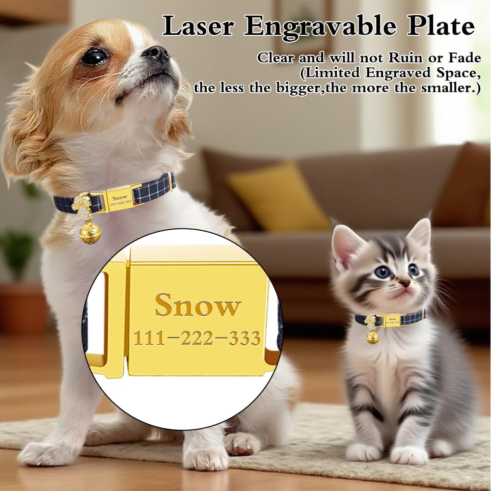 Personalized Breakaway Cat Collars - Magnetic Buckle, Bell - Safety Quick Release, Customized for Girls & Boys Cats- (Checkered-Navy)