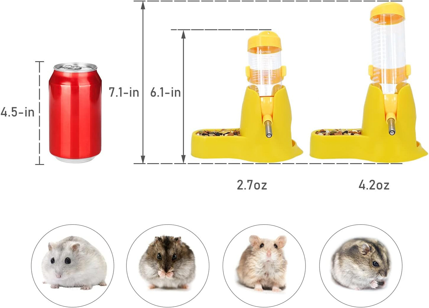 3 in 1 Hamster Hanging Water Bottle Pet Auto Dispenser with Base for Dwarf Hamster Mouse Rat Hedgehog (125ML, Yellow)