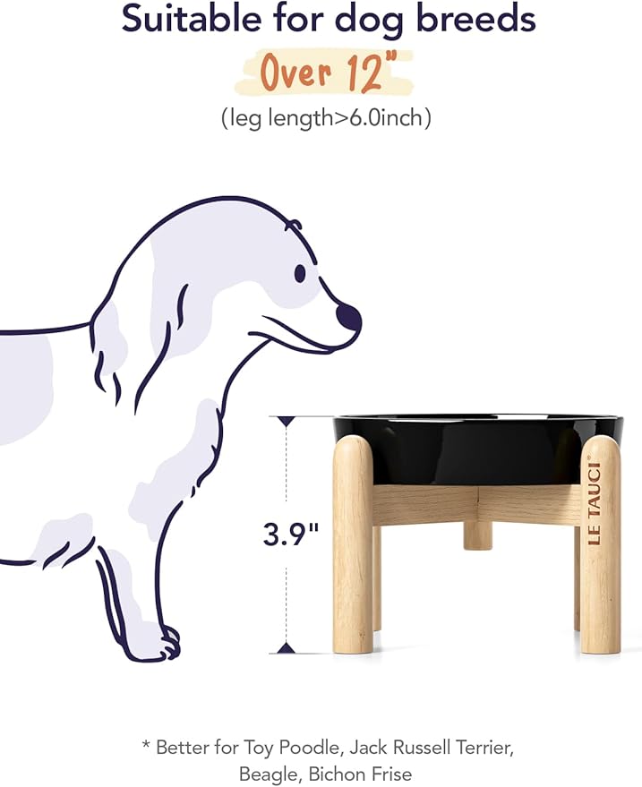 LE TAUCI Ceramic Slow Feeder Dog Bowls Elevated, 0.6 Cups Raised Dog Bowl with Wooden Stand for Small Breed, Pet Dishes to Slow Down Eating, Skull Black