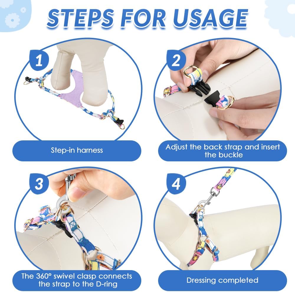 SlowTon No Pull Dog Harness with Leash - Soft Lightweight Floral Pattern Puppy Harness, Adjustable Pet Harness for Small Medium Dogs (Blue Flower XS)