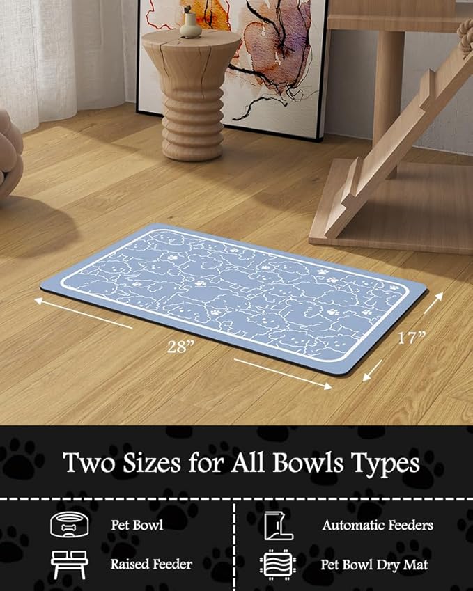 Pet Feeding Mat-Absorbent Dog Mat for Food and Water Bowl-No Stains Quick Dry Water Dispenser Mat-Dog Accessories Pet Supplies-Bowl for Messy Drinkers(BLUEDOGS,17"x28"