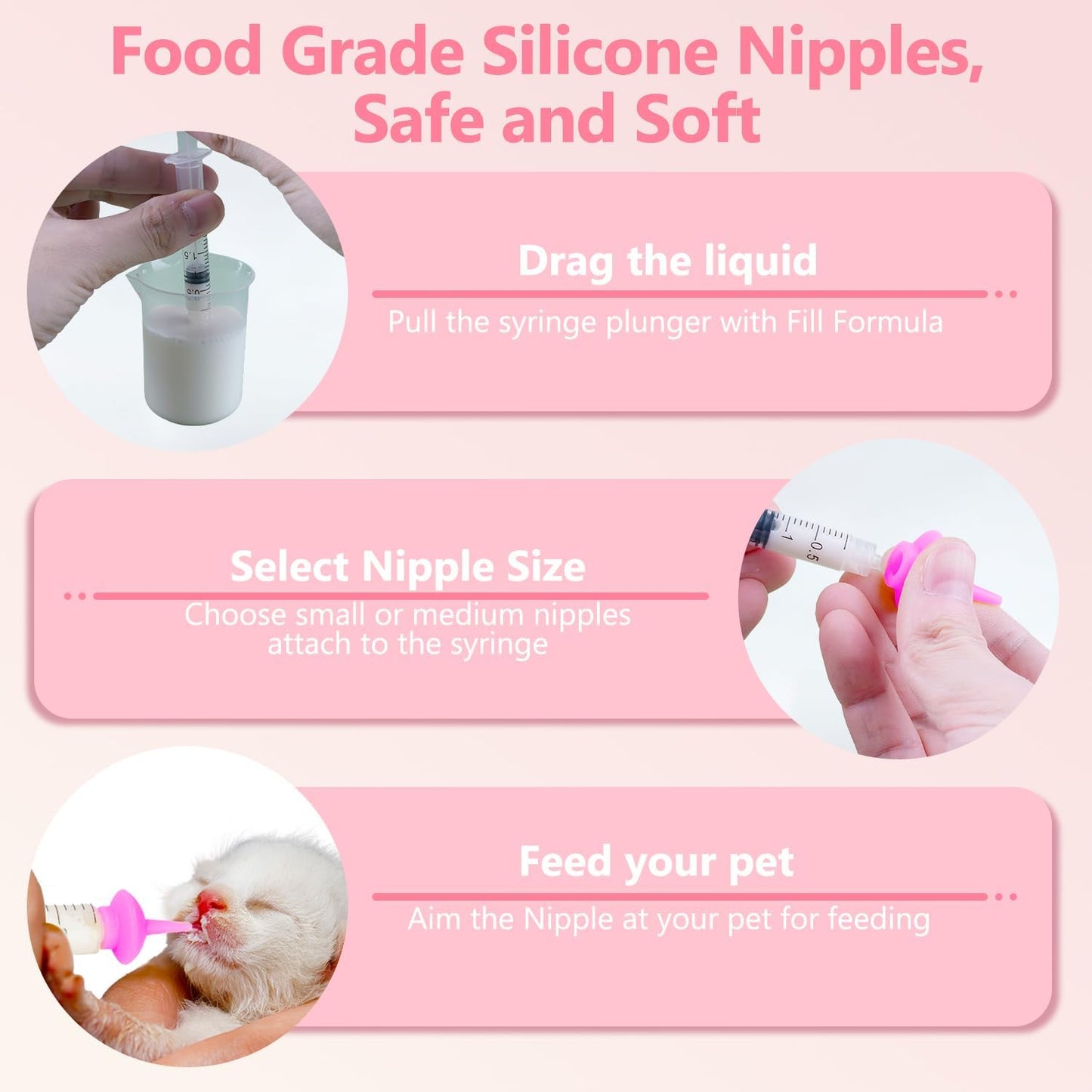 Kitten Bottle Feeding kit with Feeding Nipple and Syringe, Soft Silicone Nursing Pet Feeding Bottle, Ventilation Valve Resistant Tearing for Small Puppies, Kittens, Rabbit (L Nipple-Pink)
