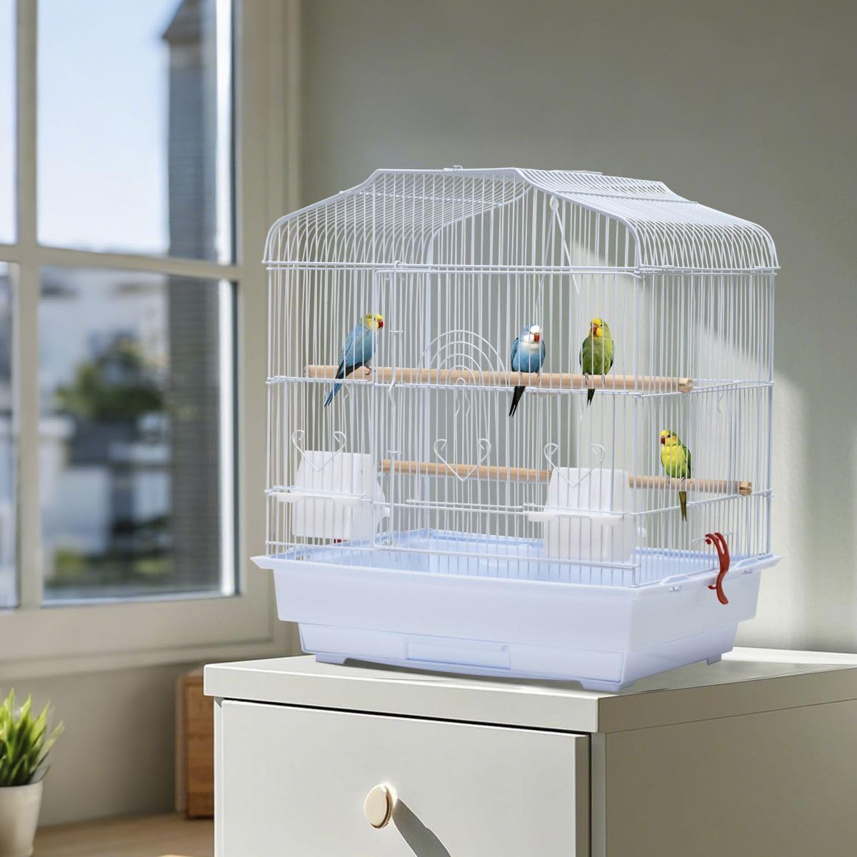 GarveeHome Small Bird Cage with Wheels, 44 Inch Parakeet Cage with Top Stand, 3 in 1 Bird Carrier for Parakeets, Canaries, Lovebirds, Small Quaker, Cockatiels, Budgie, Green Cheek (20in White)