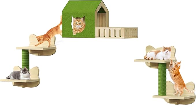 DWVO Cat Wall Shelves and Perches for Wall, Solid Wood Wall Mounted Cat Furniture, Set of 7 Cats Climbing Shelves for Large Cats with Green Wall House and Fence, Steps, Scratching Posts