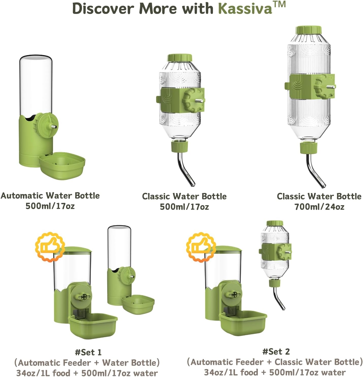 Automatic Pet Food Water Dispenser, Auto Gravity Pet Feeder Water Bottle Set for Cage, Feeding Station for Puppy Kitten Rabbit Guinea Pigs Chinchilla Ferret Hedgehog (Green)