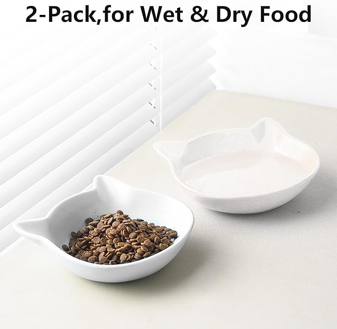 Ceramic Shallow Cat Food Bowls,Whisker Friendly Small Cat Dishes for Indoor Cats Kitten Set of 2