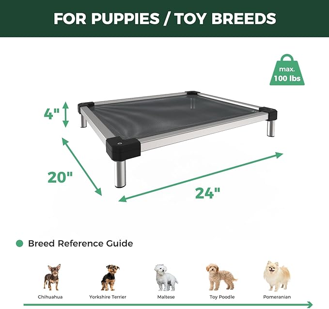 FXW TitanNest Chew-Proof Elevated Dog Bed, Raised Cot for Indoor/Outdoor/Camping Use, Durable & Waterproof Cooling Pet Bed for Toy Dogs, 24.0" L x 20.0" W x 4.1" H, Black