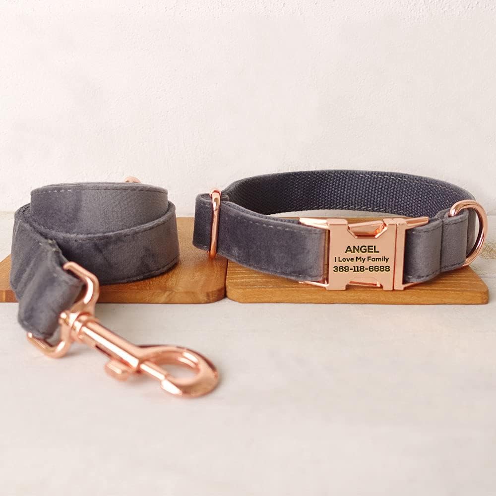 PETDURO Custom Dog Collar Personalized with Name Engraved Quick Release Rose Gold Metal Buckle for Large Medium Small Girl Dogs - Dog Leash and Bow Tie Available - Soft Comfy Velvet (Grey, XL)
