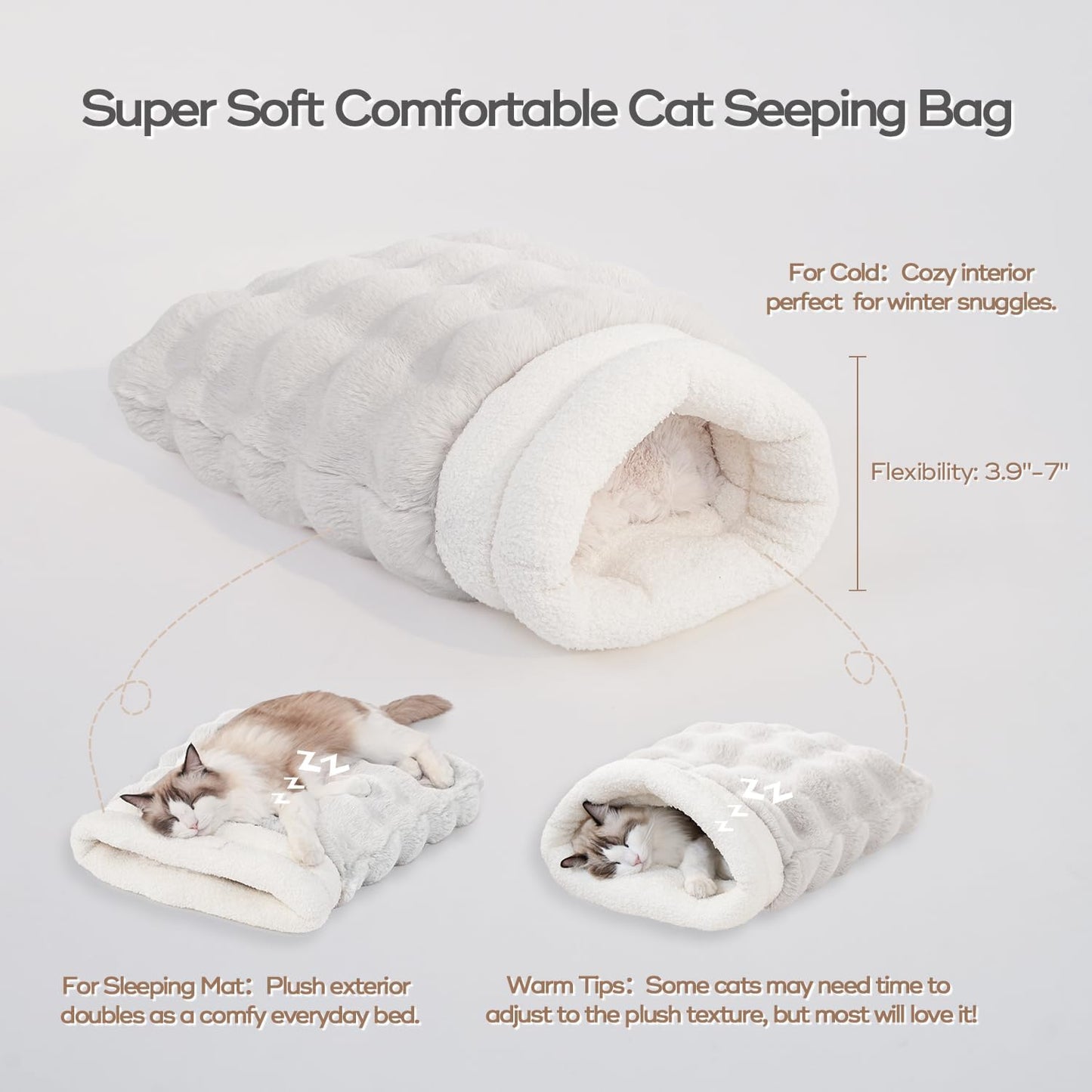4 in 1 Cat Sleeping Bag Plush Self Warming Cat Bed Snuggle Bag Blanket Mat Cave (Small Cats Up to 15 lbs) White 21 × 17 Inch