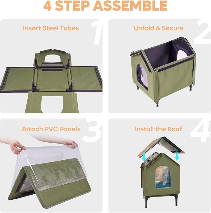 Large Cat House for Outdoor Cats Weatherproof, Indestructible Feral Cat House for Outside, Waterproof Elevated Kitty Pet House with Soft Pad, Extra Roof Cover, Easy Assembly, Barn, Porch