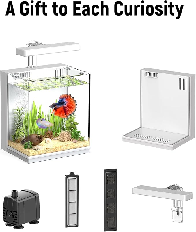 2-Gallon All-in-One Fish Tank – Silent Pump, 3-Stage Filtration & Easy Water Change, Perfect Self-Care Betta Aquarium Kit for Kids & Beginners (White