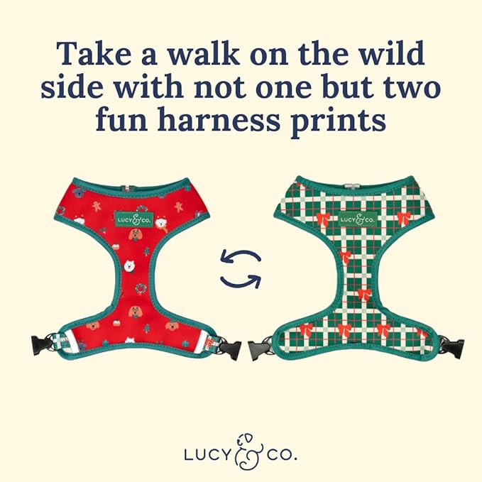 Lucy & Co. Cute Reversible Dog Harness Walking Halter - Best Designer Pet Harnesses for XS - XL Dogs - Padded Adjustable Vest for Easy Walking- Happy Howlidays - Seasonal - XSmall