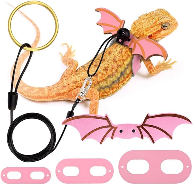 CoguZed Bearded Dragon Leash and Harness Set, Adjustable Lizard Harness with Wings, Cool Leather Reptile Leash for Bearded Dragons, Amphibians & Small Pets (S, M, L, 3 Pack)