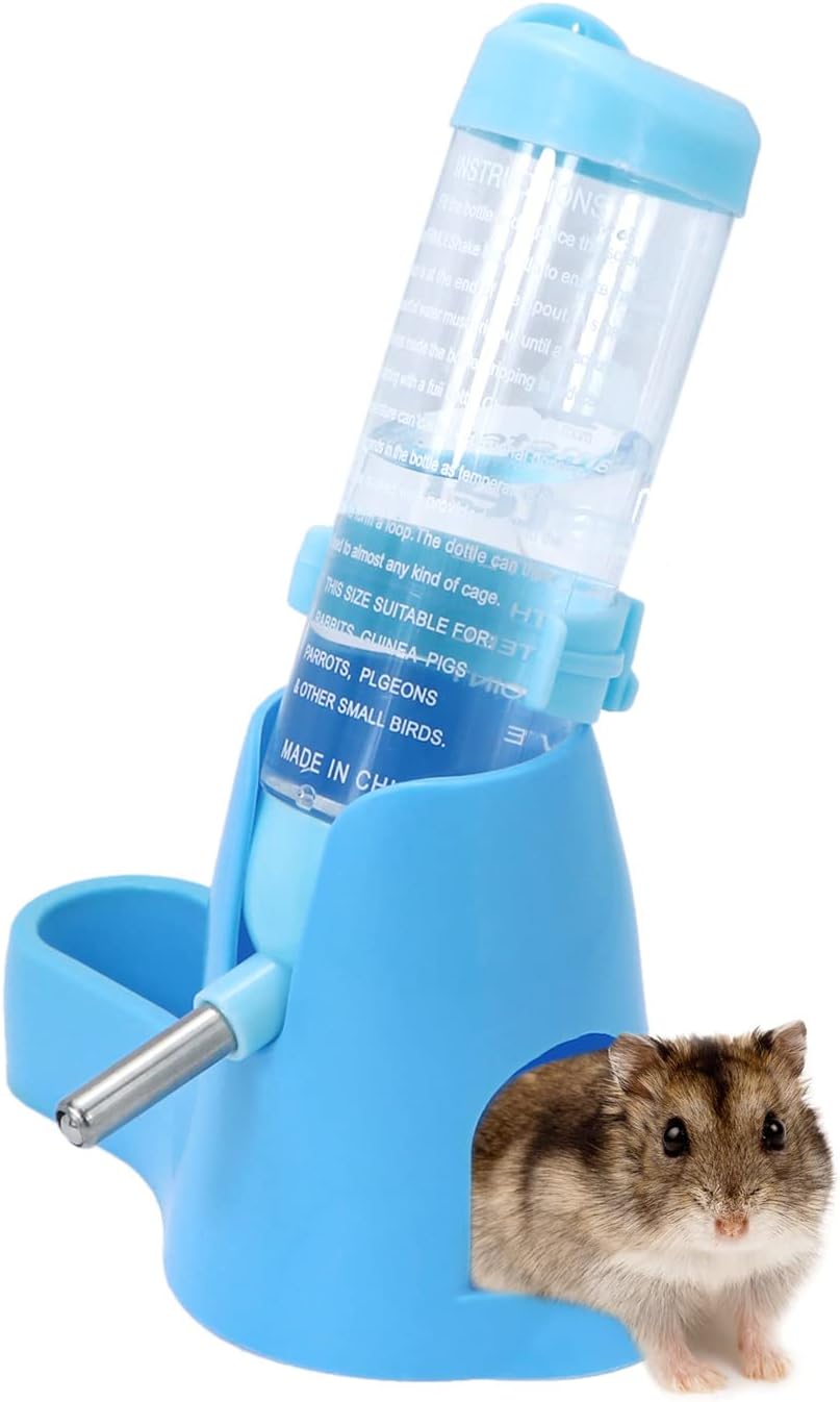 3 in 1 Hamster Hanging Water Bottle Pet Auto Dispenser with Base for Dwarf Hamster Mouse Rat Hedgehog (125ML, Blue)