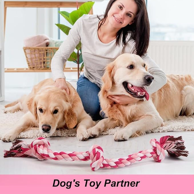 SZEE Dog Rope Toys, 24 in 3 Knots Chew Rope for Small, Medium and Large Dogs, Natural Cotton Pet Pull Toy for Tug of War and Teeth Cleaning (Pink)