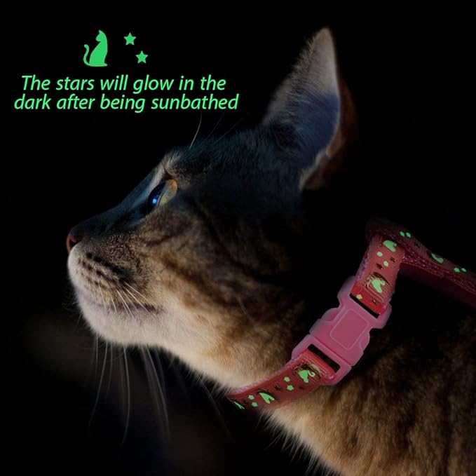 Cat Harness and Leash Set Gold Moons Stars Soft Nylon Escape Proof Adjustable for Kittens Small Animals Glow in The Dark (Pink)