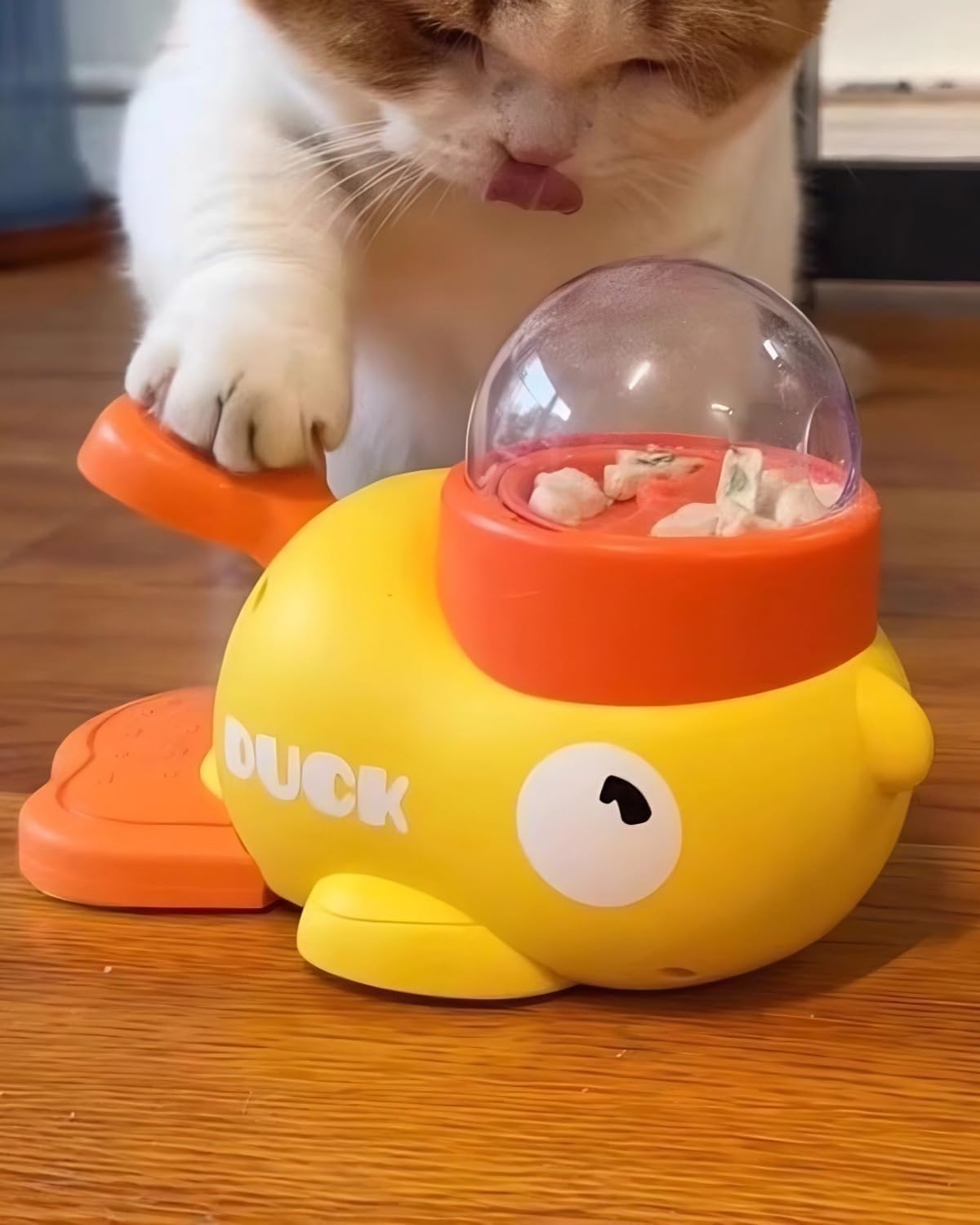 Cat Dog Automatic Feeder, Yellow Duck Shaped Pet Food Dispenser, Healthy Diet Pet Feeder,Slow Feeder Puzzle Toy, Press and Rotate to Dispense Food;