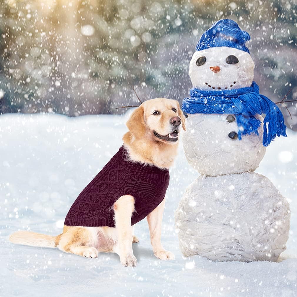 BINGPET Thermal Knitted Dog Sweater, Winter Dog Cat Coat, Warm Sweater for Small Medium Large Dogs, Classic Cable Knit Turtleneck Pullover, Purple, Large, 100% Acrylic, Machine Wash