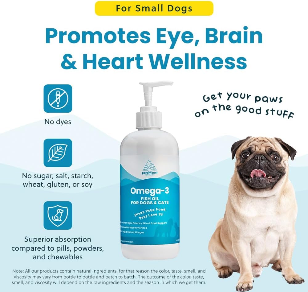 Wild-Caught Omega 3 Fish Oil for Dogs & Cats, Liquid EPA DHA Supplement for Skin, Coat, Joints & Heart, Low-Odor Omega 3 Drops for Small Dog Breeds & Cats with Itchy Skin, 16 oz