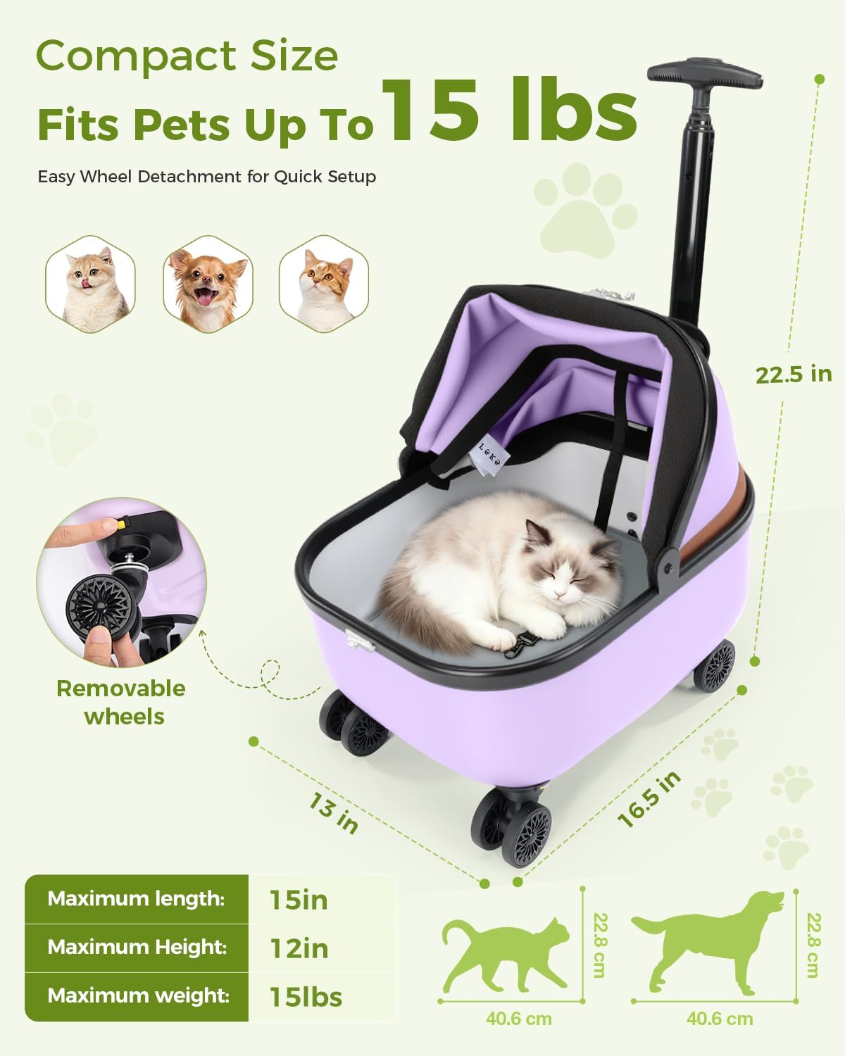 Lekereise Cat Carrier with Wheels (Purple), 180° Wide Open Rolling Cat Carrier for Social Outings, Stylish Design for Coffee Shops/Shopping, Soft-Sided Travel Tote for Cats & Small Dogs