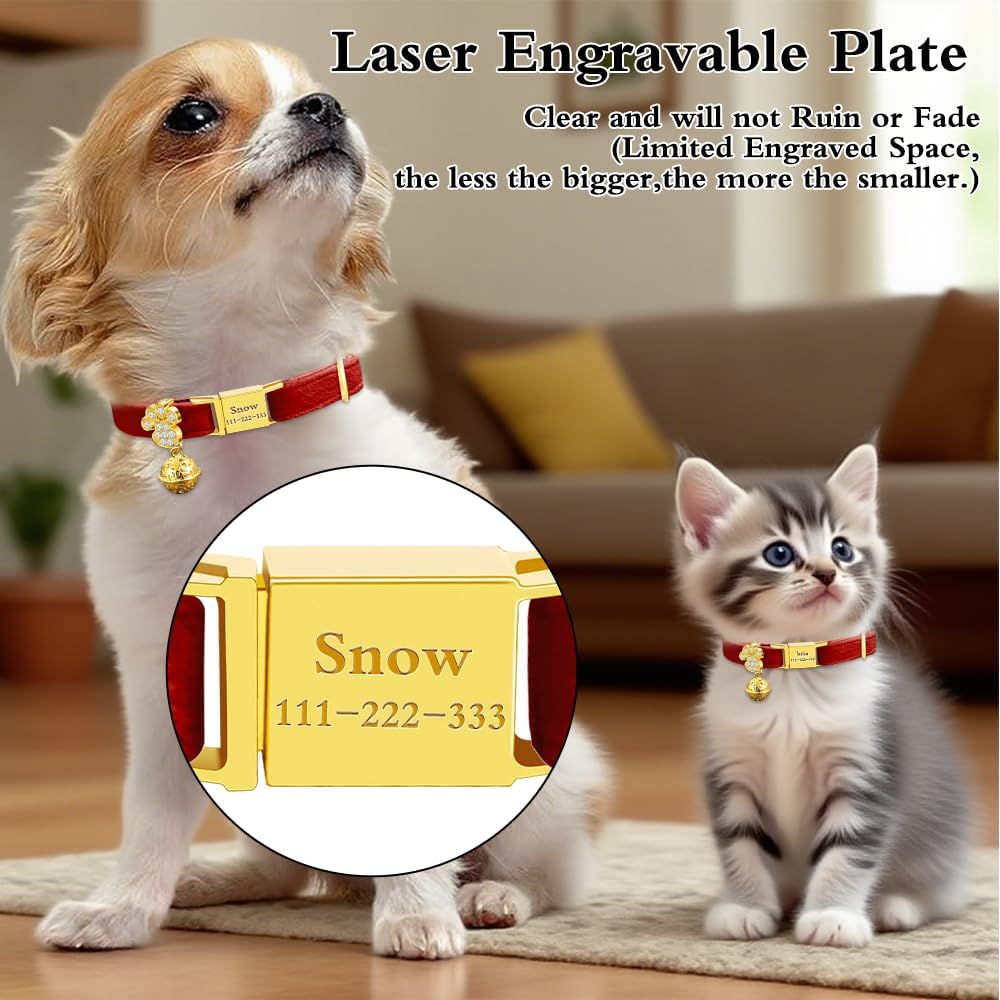 Personalized Breakaway Cat Collars - Magnetic Buckle, Bell - Safety Quick Release, Customized for Girls & Boys Cats- (Velvet-Red)