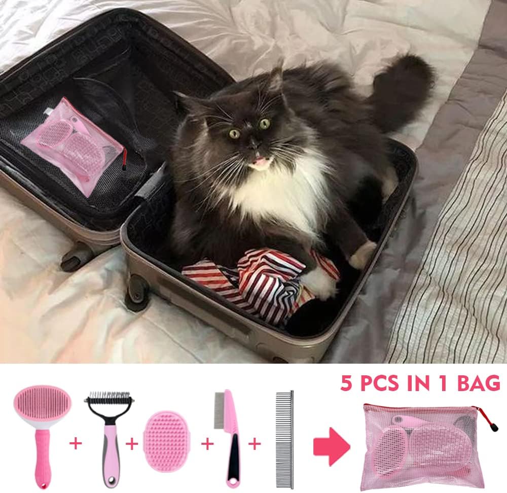 Dog Grooming Kit - Deshedding Brush for Short Hair, Slicker Brush, Flea Comb, Puppy Brush Set in Pink