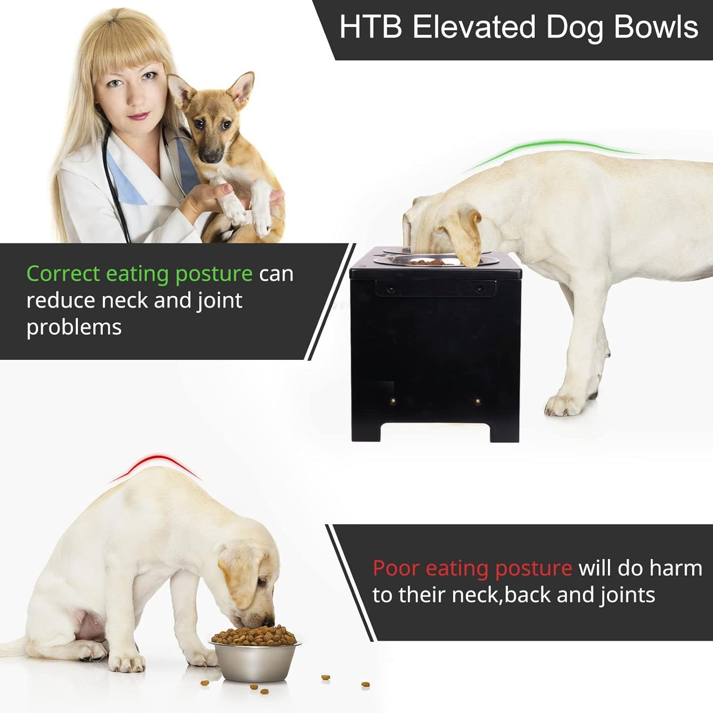 HTB Elevated Dog Bowls,Raised Dog Bowl Stand with 2 Stainless Steel Bowls,Elevated Raised Dog Bowls for Large Medium Small Sized Dogs