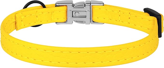 Leather Cat Collar with Buckle and Removable Bell - Non Breakaway Adjustable Soft Safety Small Pet Collars for Girl Boy Cats Kitten (Yellow)