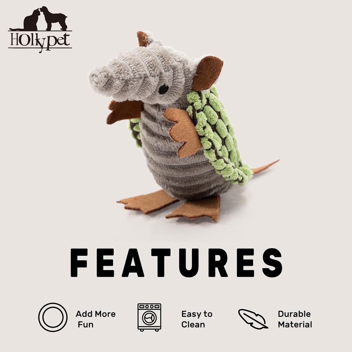 Hollypet Plush Dog Squeaky Toy Stuffed Armadillo Animal Pet Puppy Chew Toys with Clean Teeth for Small Medium Large All Breed Sizes Dogs, Green, 6 in