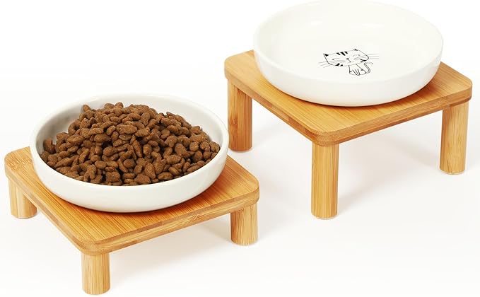 Elevated Cat Bowls for Indoor Cats – Raised Bamboo Cat Bowl Stand with 5.75 Inch Wide Ceramic Dishes, Pet Food Plate Table for Easy Feeding, Whisker Friendly(White,Set of 2)