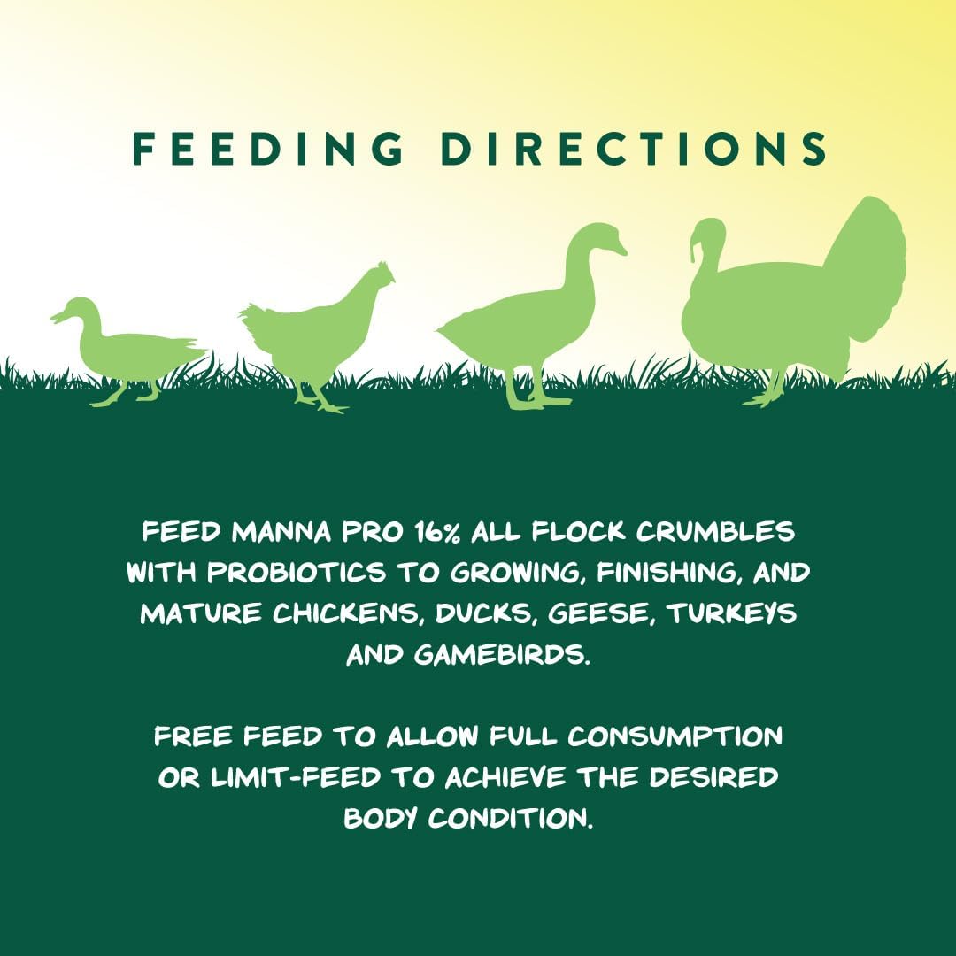 Manna Pro All Flock Crumbles – 16% Protein Complete Poultry Feed with Probiotics for Digestion, Crumbled Chicken & Game Bird Feed for All Flock Types, No Artificial Colors or Flavors, 25 lb
