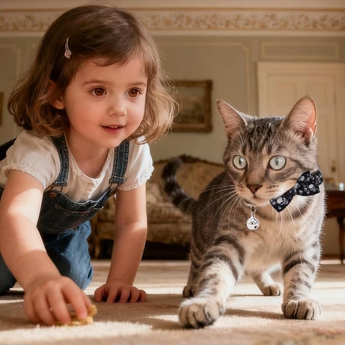 3 Pack Halloween Cat Collar with Detachable Bow Tie & Bell - Breakaway Adjustable Kitten Collars with Skull Gothic Bat Spider Web Pattern for Indoor Outdoor Cats (White, Pink, Black)