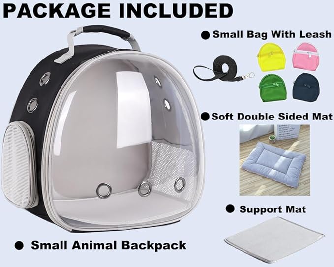 Portable Guinea Pig Backpack with Small Bag Harness and Leash Set, Space Capsule Bubble Pet Carrier Cage Travel for Rabbit, Bearded Dragon, Sugar Glider (Black, Backpack+Bag)