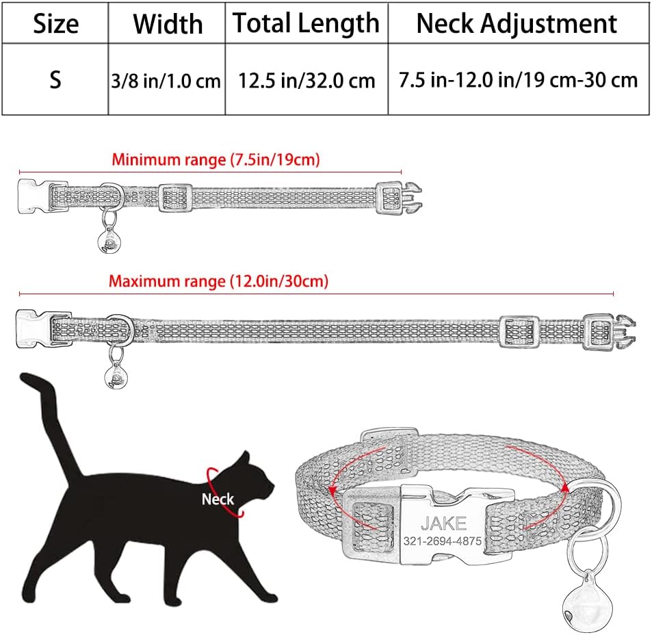 Personalized Reflective Nylon Cat Collar with Name Phone,Custom Engraved Buckle Cat Collar with Bell,Adjustable for Small Dogs Puppy Kitten (Purple,fit 7.5''-12.0'')