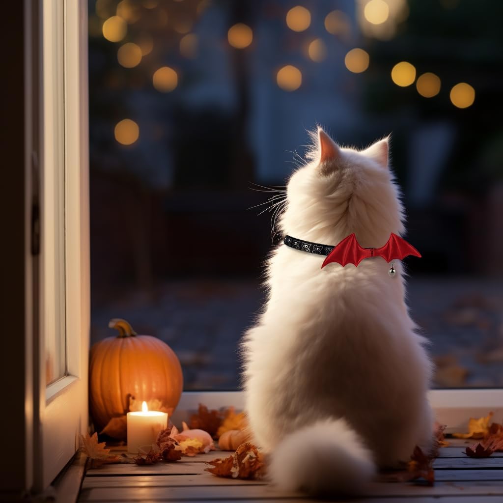 1 PC Bat Wing Cat Collar with Bell, Adjustable Kitten Collar with Safety Breakaway Buckle for Boy&Girl Cats, Halloween Christmas Cat Accessories for Kitten Puppy