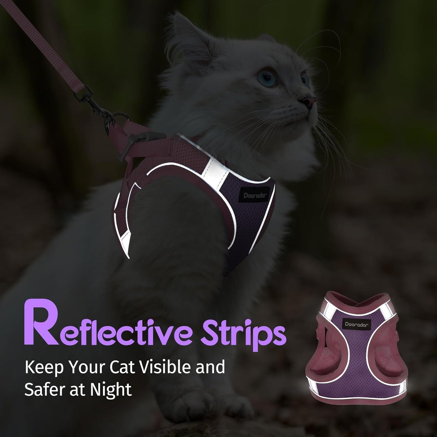 Dooradar Cat Harness and Leash Set, Escape Proof Lightweight Kitten Harness, Soft Breathable Reflective Vest for Outdoor Walking Traveling, Adjustable for Small Cats, Purple & Pink, S
