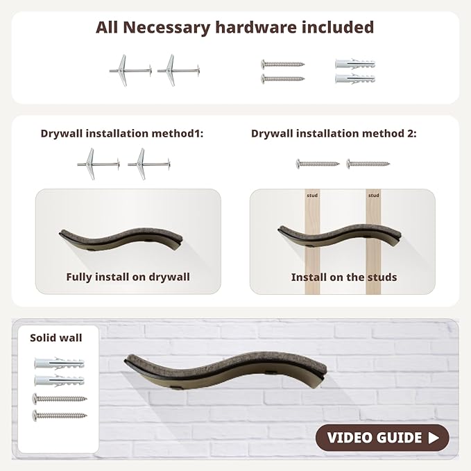 Cat Shelf with Comfortable Cushion - Wave Modern Cat Bed - Minimalistic Floating Wall Perch - Wooden Wall Mounted Cats Furniture for Sleeping, Playing, Climbing, and Lounging, Walnut