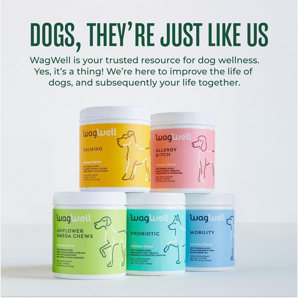 WagWell Ahiflower Omega Oil Dog Chews - Vet-Formulated Skin, Coat, Hip and Joint - Plant-Based Omega 3, 6 and 9 Supplement - Natural Chicken-Flavored Dog Omega Oil Bites, 60 Soft Chews