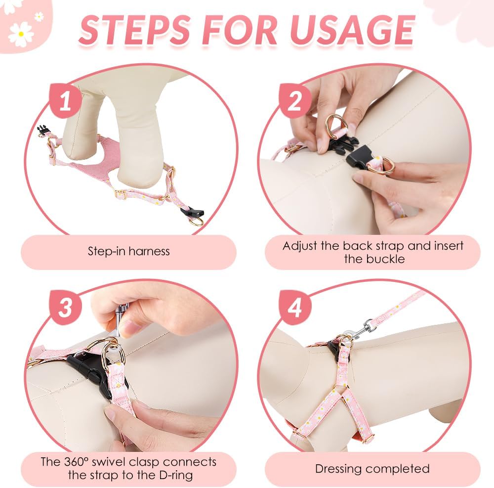 SlowTon No Pull Dog Harness with Leash - Soft Lightweight Floral Pattern Puppy Harness, Adjustable Pet Harness for Small Medium Dogs (Pink Daisy XXS)