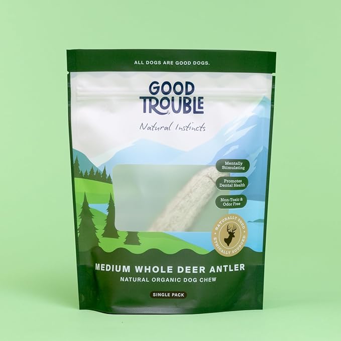 Good Trouble Premium Deer Antlers for Medium Dogs – 1 Whole Antler Pets - North American Sourced for Dental Health & Anxiety Relief - Odor-Free & Non-Toxic Chew Bone for Dogs