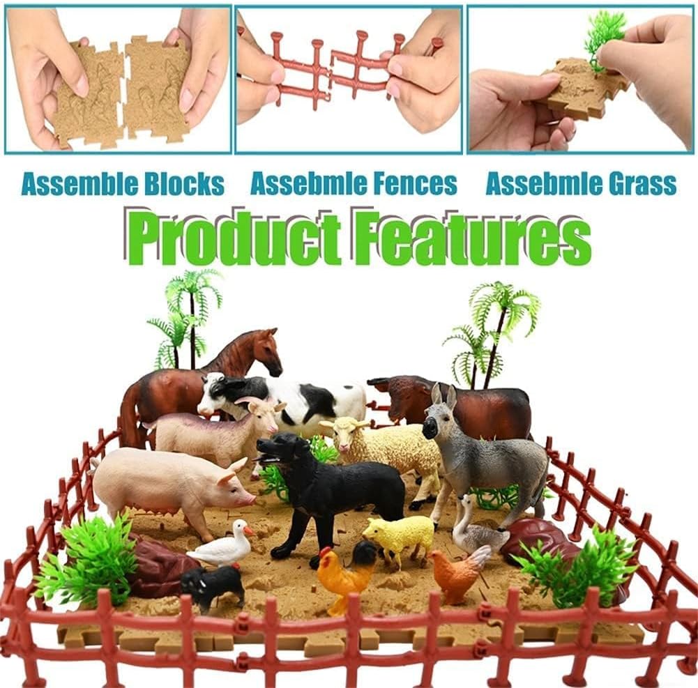 BOLZRA Farm Animal Figurines, Realistic Plastic Animals Toys with Fences Building Blocks, Farm Figures Playset Educational Birthday Gift for Kids & Toddlers, 53 PCS