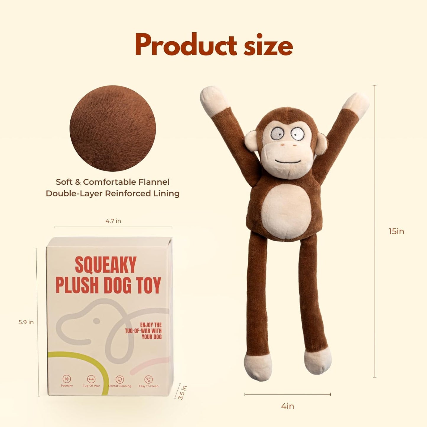 Squeaky Dog Toys with Crinkle Paper Durable Tug of War Monkey Plush Dog Toy with Soft Fabric for Small Middle and Large Dogs