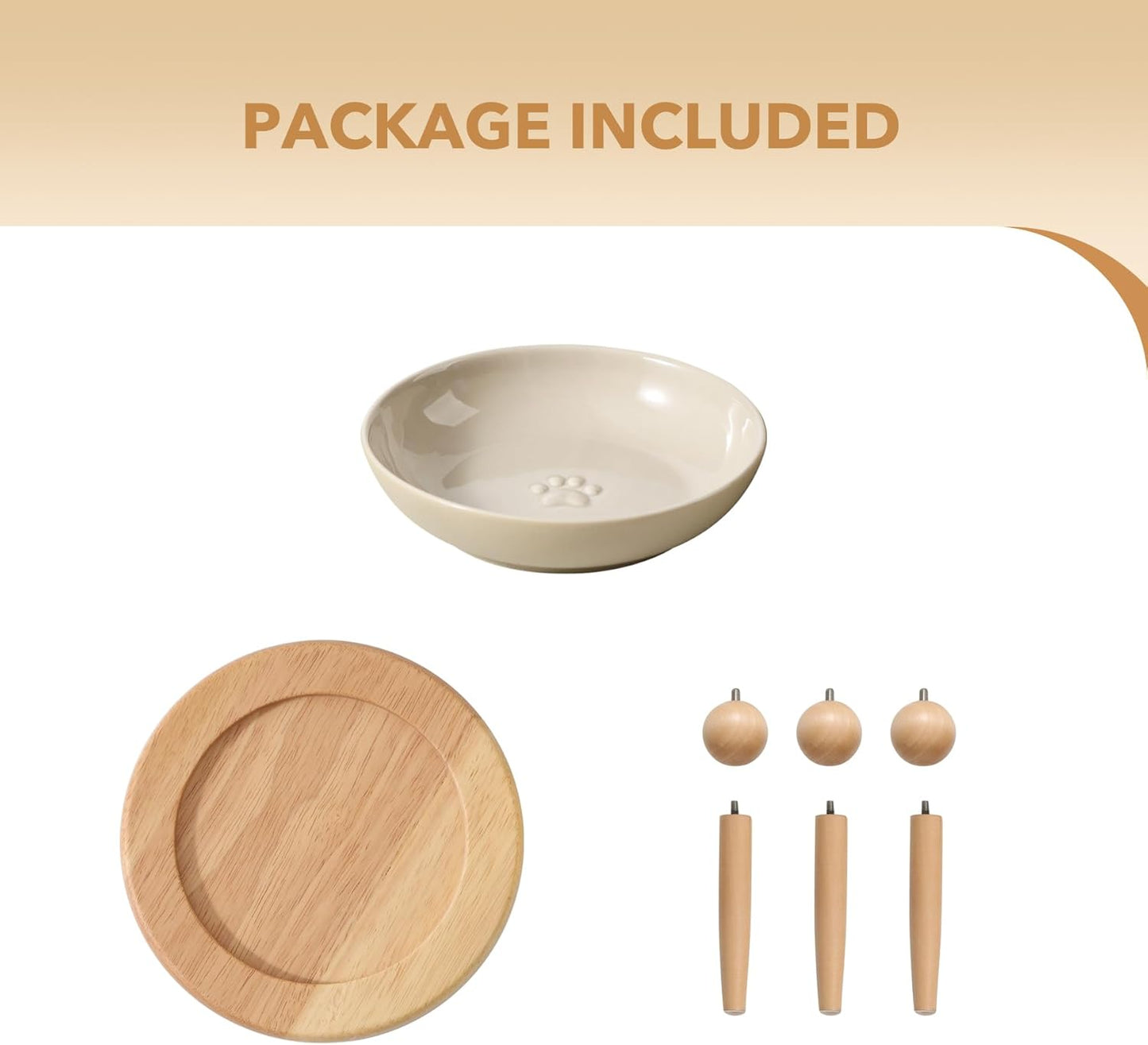 Raised Ceramic Wide Whisker Friendly Cat Dish, Anti-Slip Food&Water Bowl with 2 Style Stand Adjustable Pet Bowl Set (1Dish+Stand, Vintage Latte)